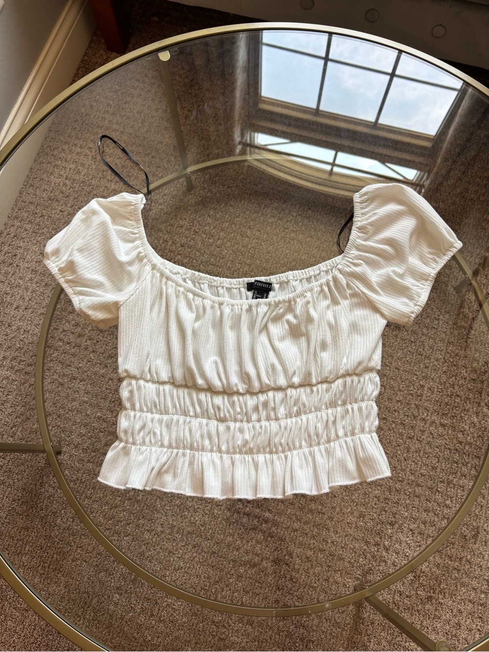 Forever 21 White Smocked Puff Sleeve Crop Blouse